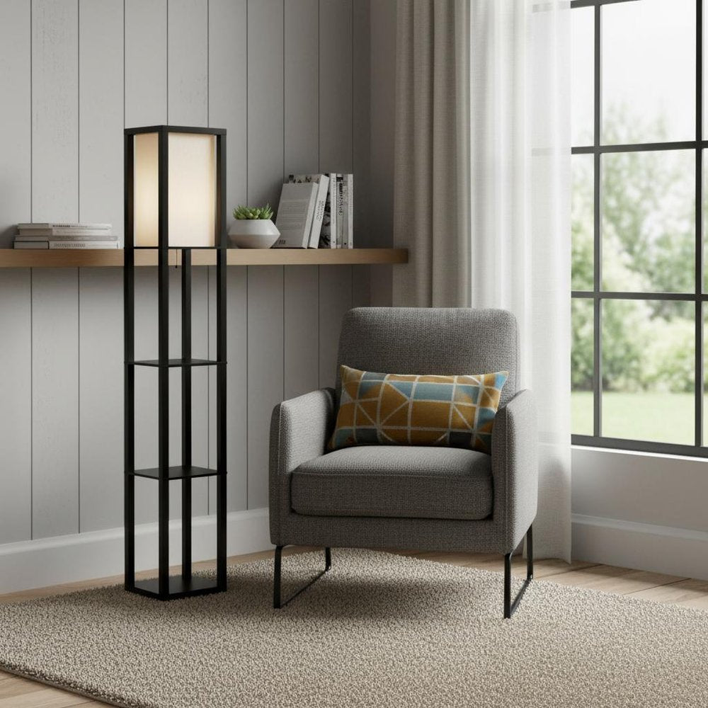 72" Black And White Solid Wood Column With White Cotton Shade