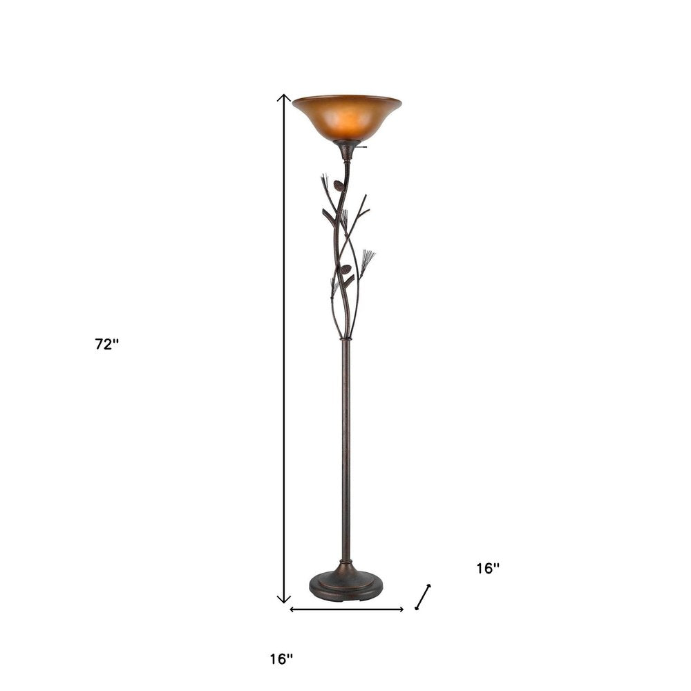 72" Amber Torchiere Floor Lamp With Brown Glass Dome Shade