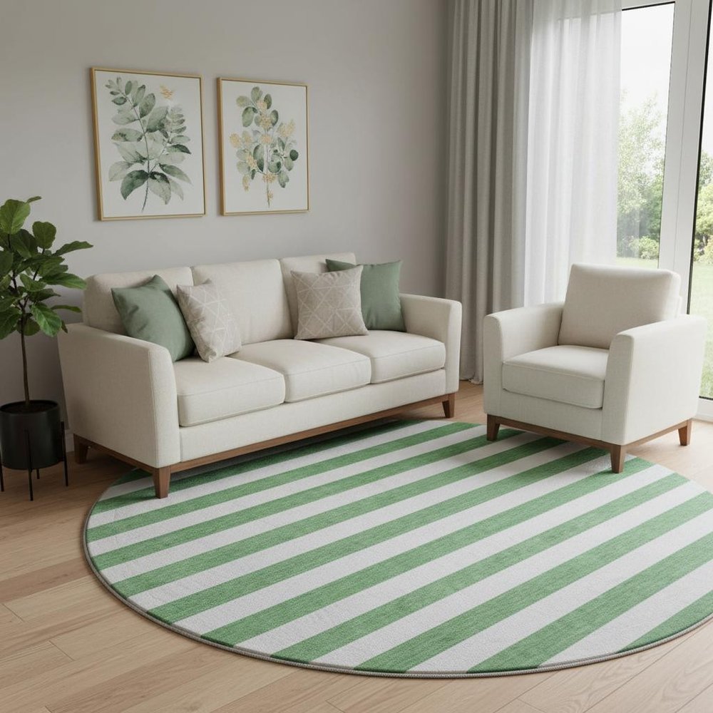 8' Green And Ivory Striped Washable Round Rug With UV Protection