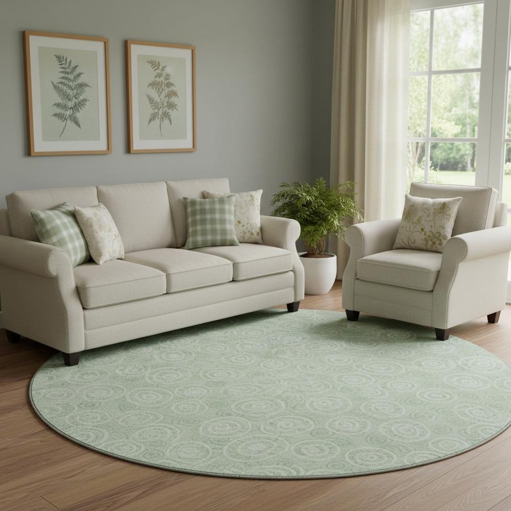 8' Mint Green And Ivory Polka Dot Washable Round Rug With UV Protection