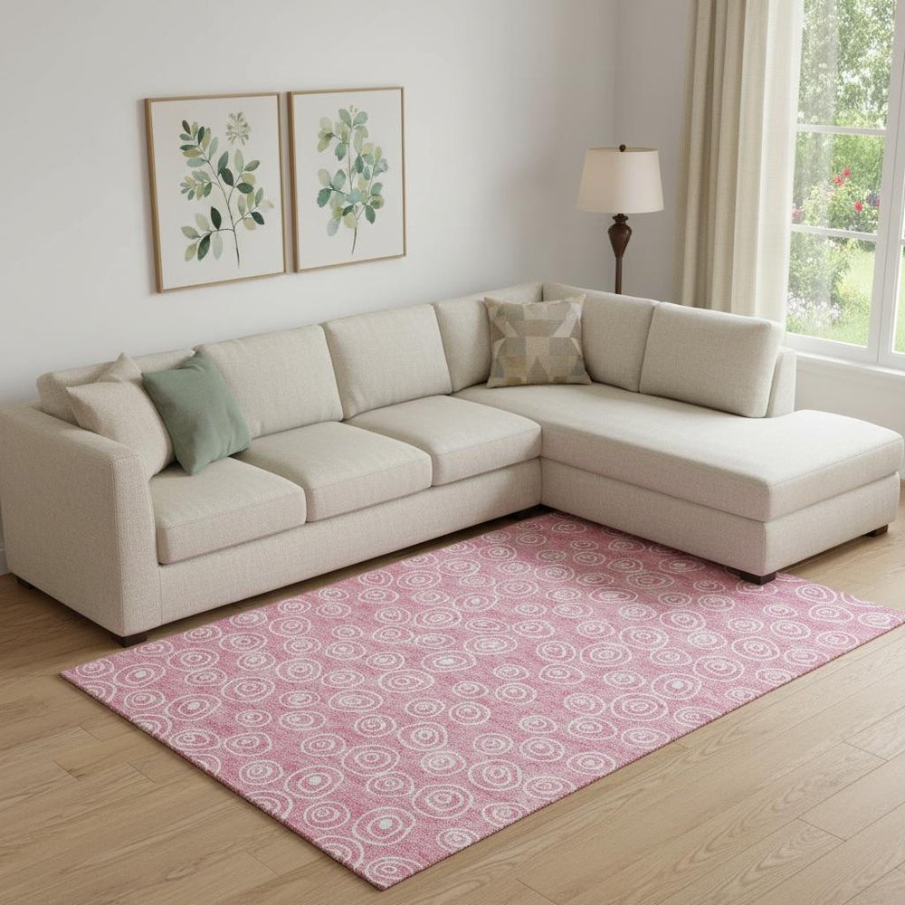 8' X 10' Pink And Ivory Polka Dot Washable Area Rug With UV Protection