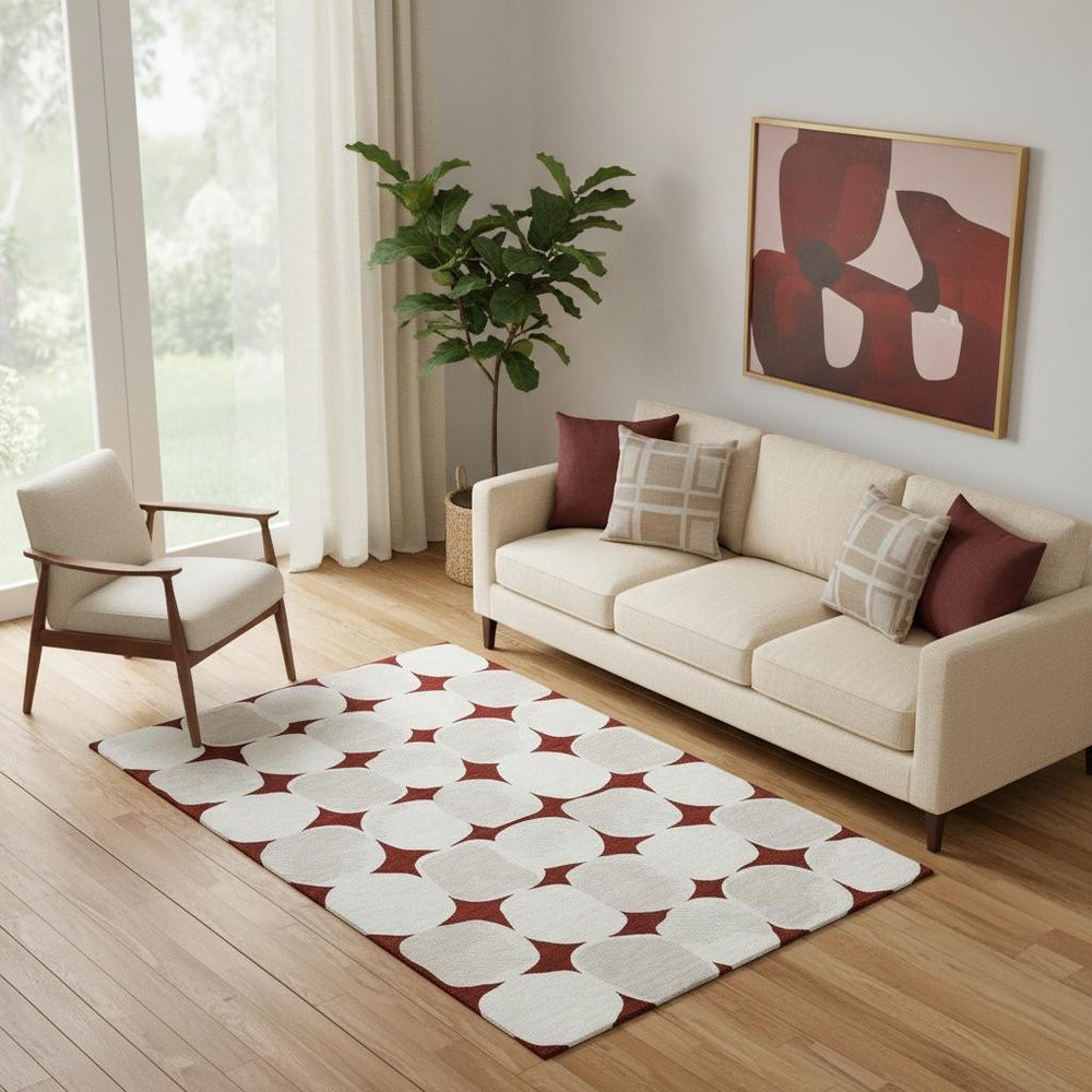 5' X 8' Burgundy And Ivory Abstract Geometric Washable Area Rug With UV Protection