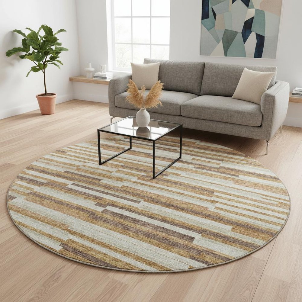 8' Rust Ivory And Beige Striped Washable Round Rug With UV Protection