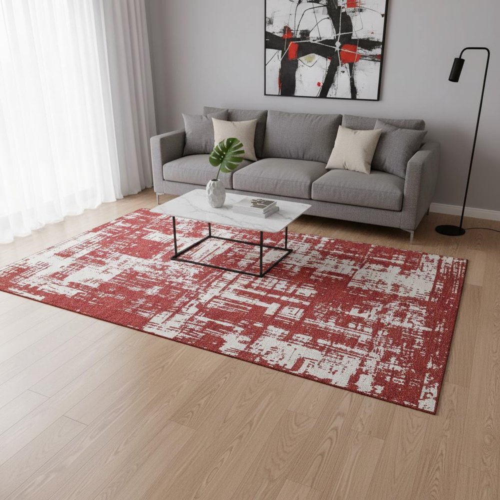 5' X 8' Red And Ivory Abstract Washable Area Rug With UV Protection