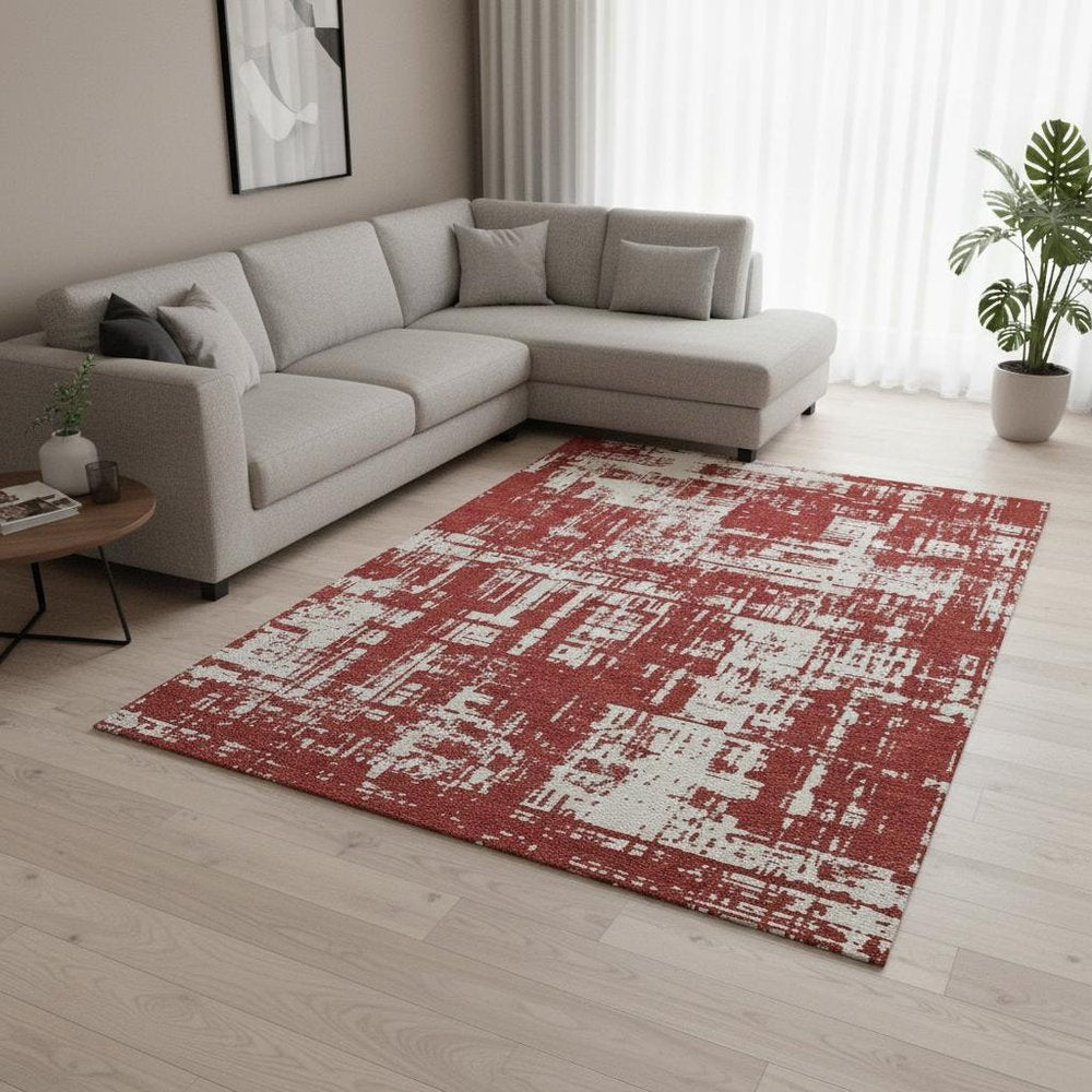 8' X 10' Red And Ivory Abstract Washable Area Rug With UV Protection