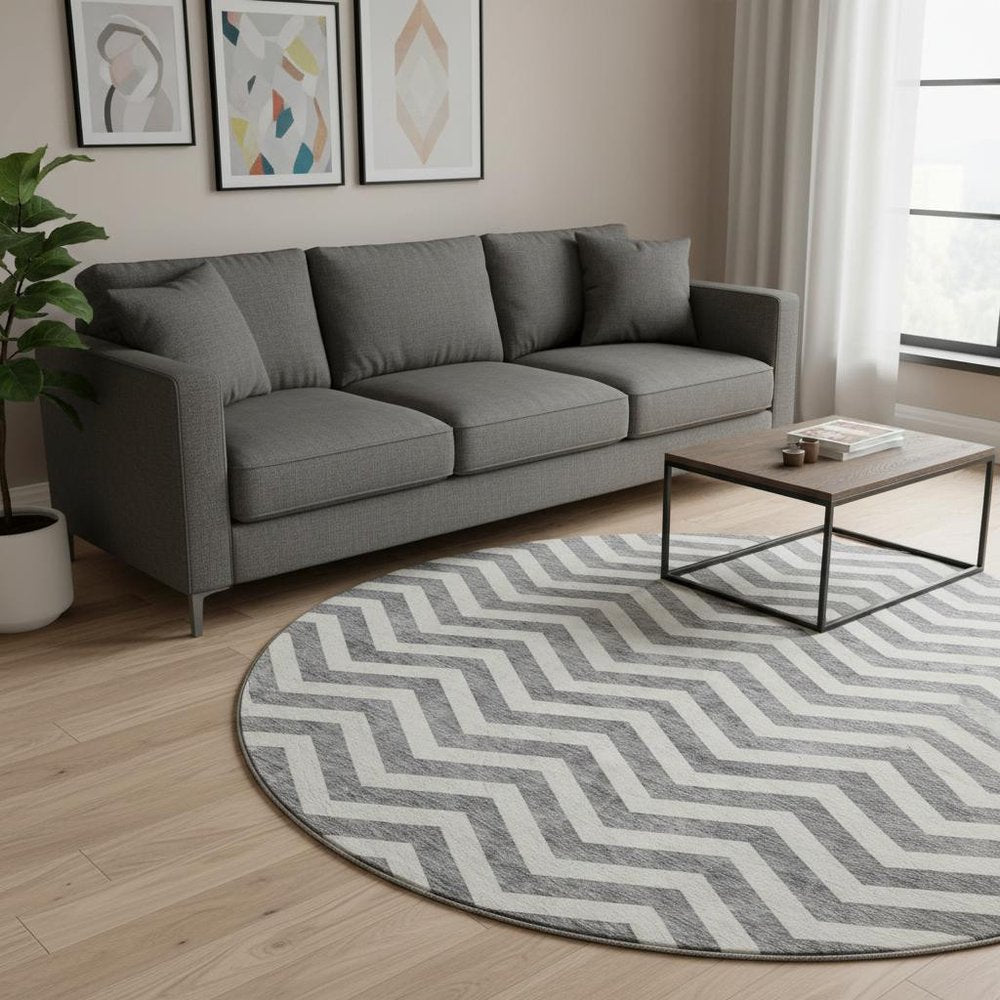 8' Gray And Ivory Chevron Washable Round Rug With UV Protection