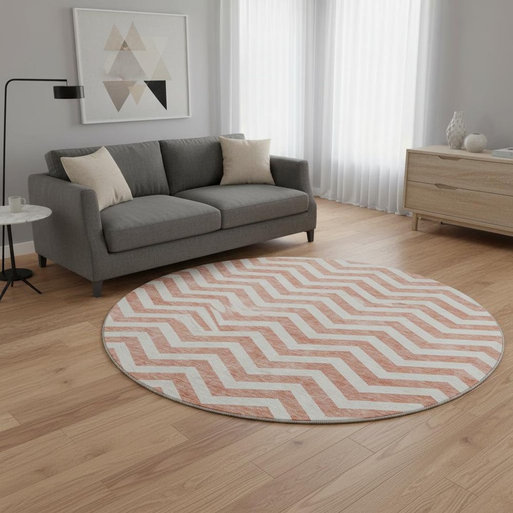8' Salmon And Ivory Chevron Washable Round Rug With UV Protection