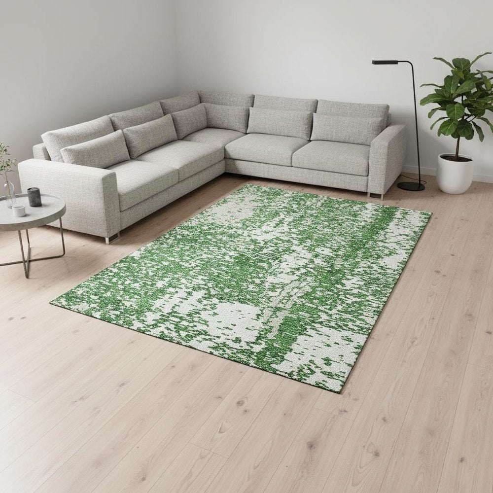 8' X 10' Emerald And Ivory Abstract Washable Area Rug With UV Protection