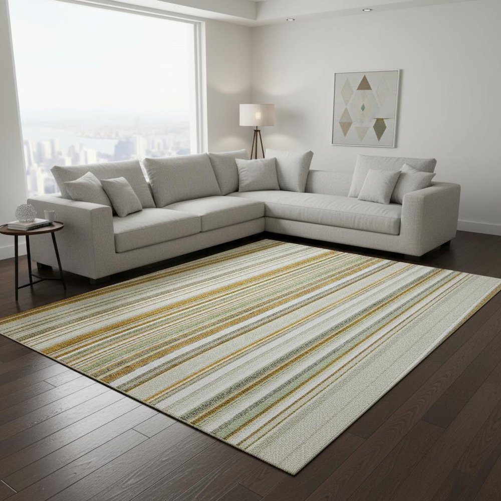 8' X 10' Linen Gold And Sage Striped Washable Area Rug With UV Protection