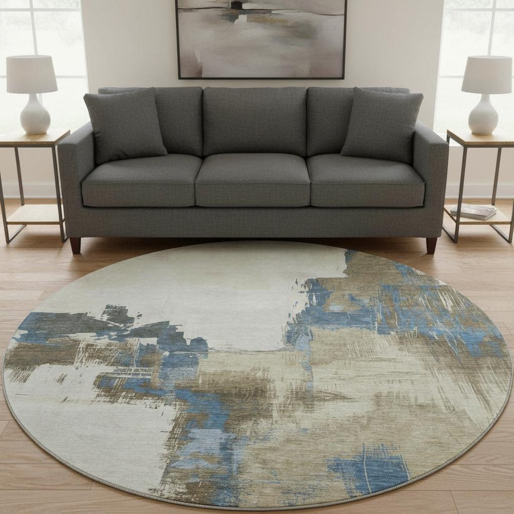 8' X 8' Beige Blue And Ivory Abstract Washable Round Rug With UV Protection