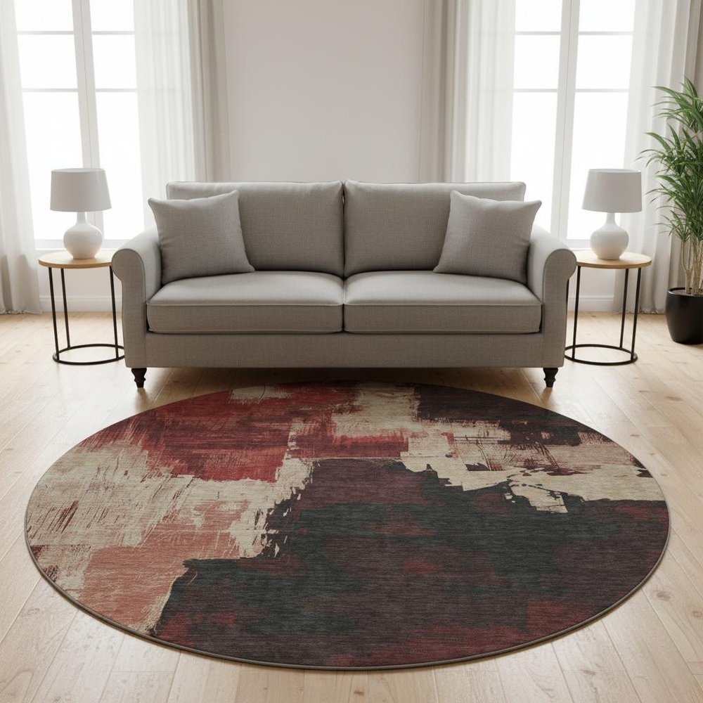 8' X 8' Brick Red Mauve And Beige Abstract Washable Round Rug With UV Protection