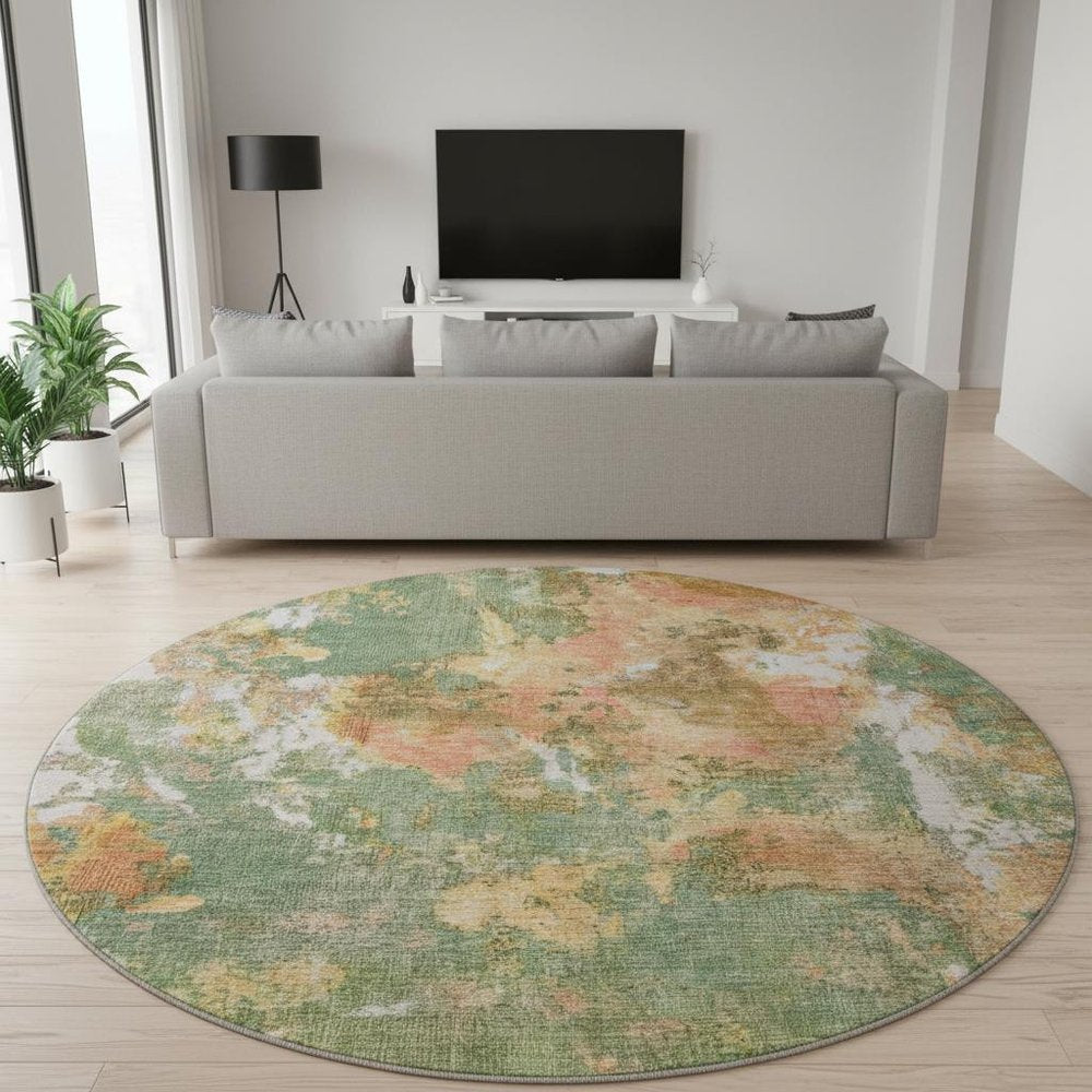 8' Fern Green Rust And Copper Abstract Washable Round Rug With UV Protection