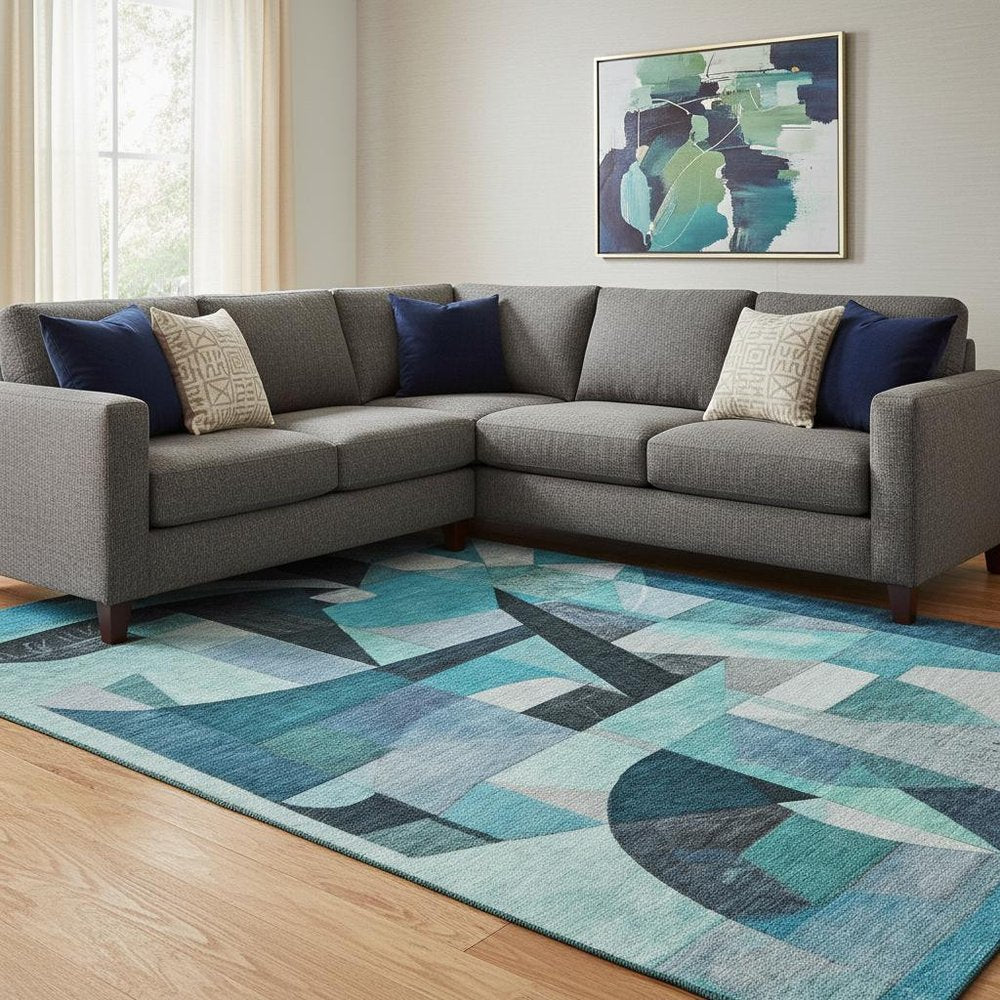 8' X 10' Teal Black And Blue Abstract Washable Area Rug With UV Protection