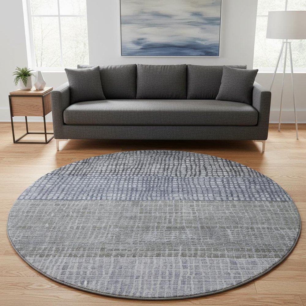 8' Denim Blue And Ivory Geometric Washable Round Rug With UV Protection