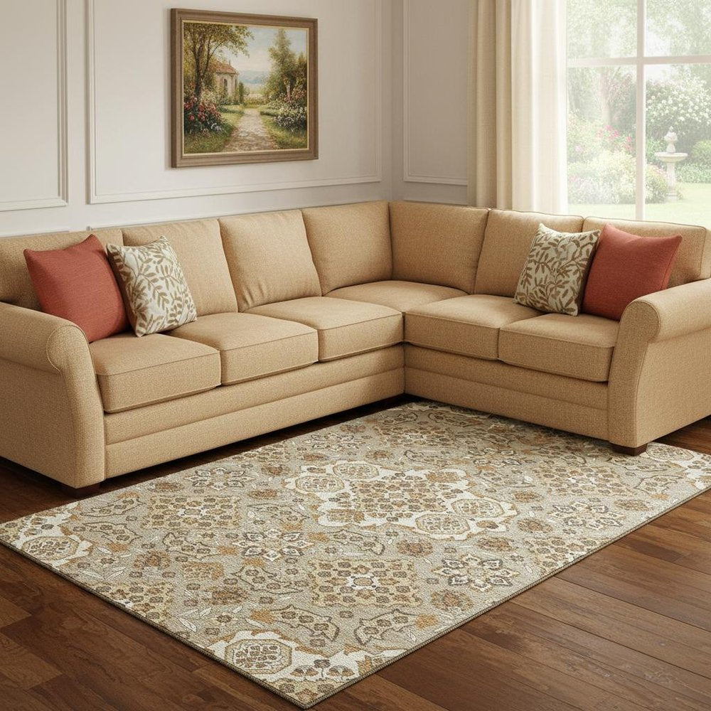 8' X 10' Taupe And Beige Floral Medallion Washable Area Rug With UV Protection