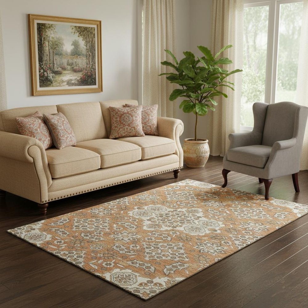 5' X 8' Terra Cotta And Beige Floral Medallion Washable Area Rug With UV Protection