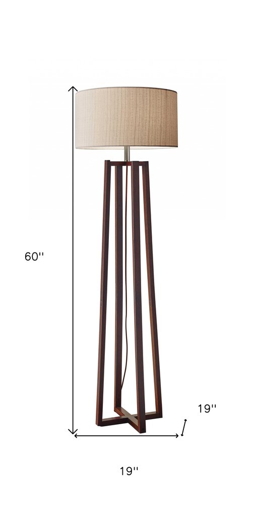 60" Brown Solid Wood Novelty Floor Lamp With Beige Fabric Drum Shade