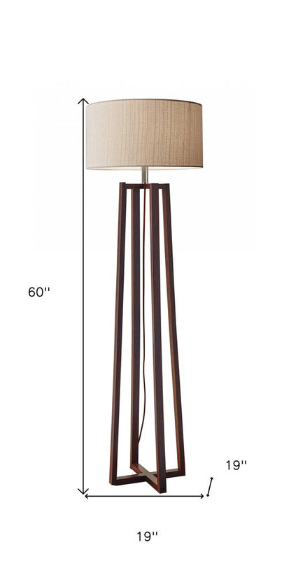 60" Brown Solid Wood Novelty Floor Lamp With Beige Fabric Drum Shade