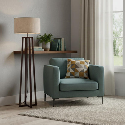 60" Brown Solid Wood Novelty Floor Lamp With Beige Fabric Drum Shade