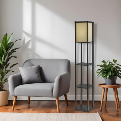 63" Black And White Solid Wood Column Floor Lamp With White Fabric Square Shade