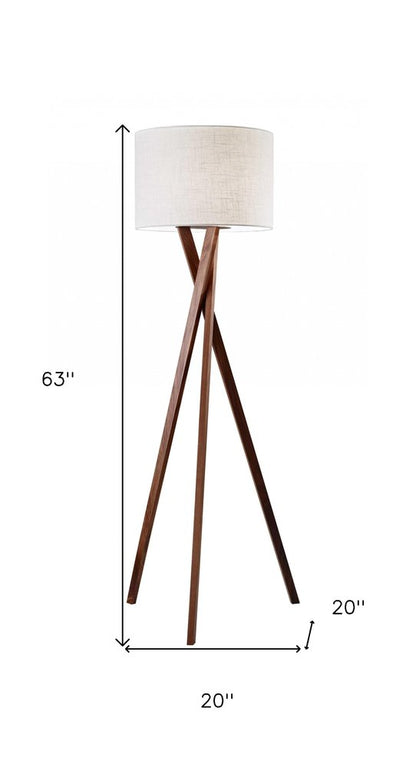 63" Brown And White Solid Wood Tripod Floor Lamp With White Linen Drum Shade