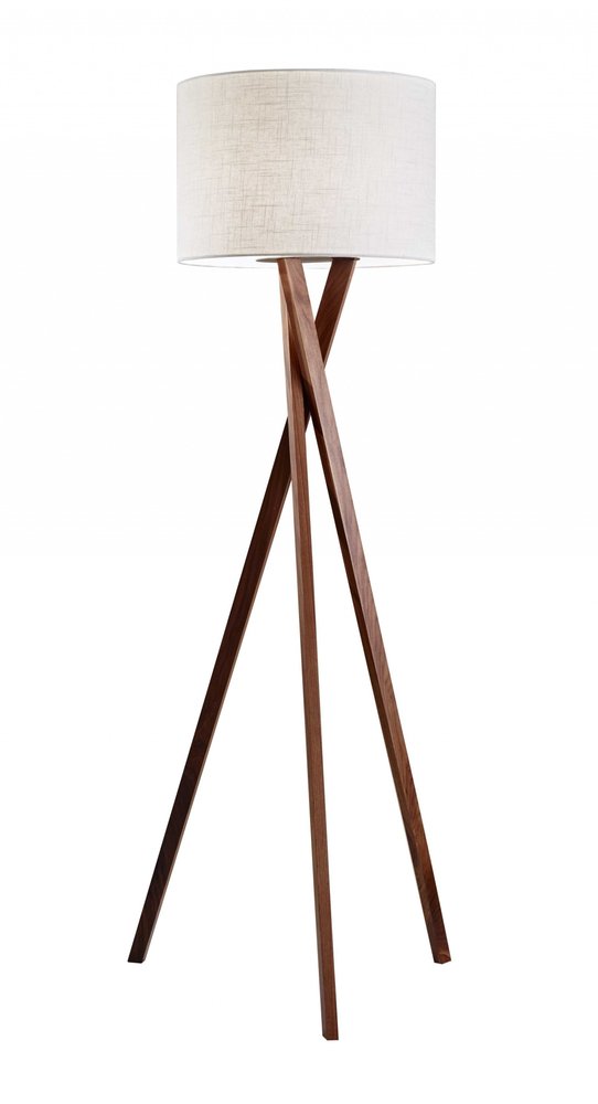63" Brown And White Solid Wood Tripod Floor Lamp With White Linen Drum Shade
