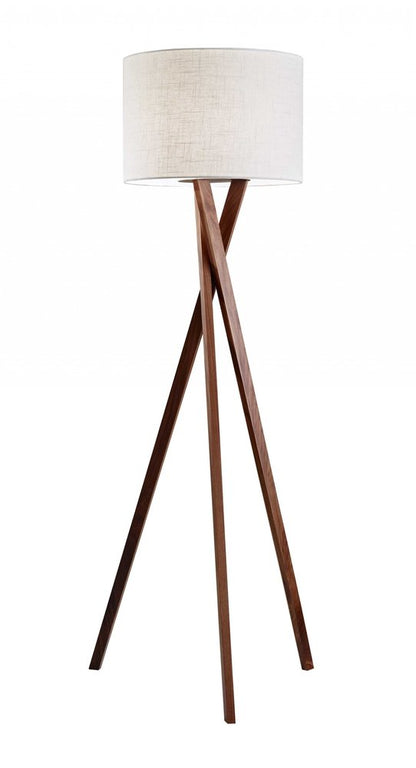 63" Brown And White Solid Wood Tripod Floor Lamp With White Linen Drum Shade
