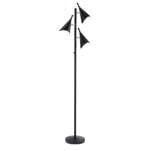 68" Black Three Light Tree Floor Lamp With Black Metal Cone Shade
