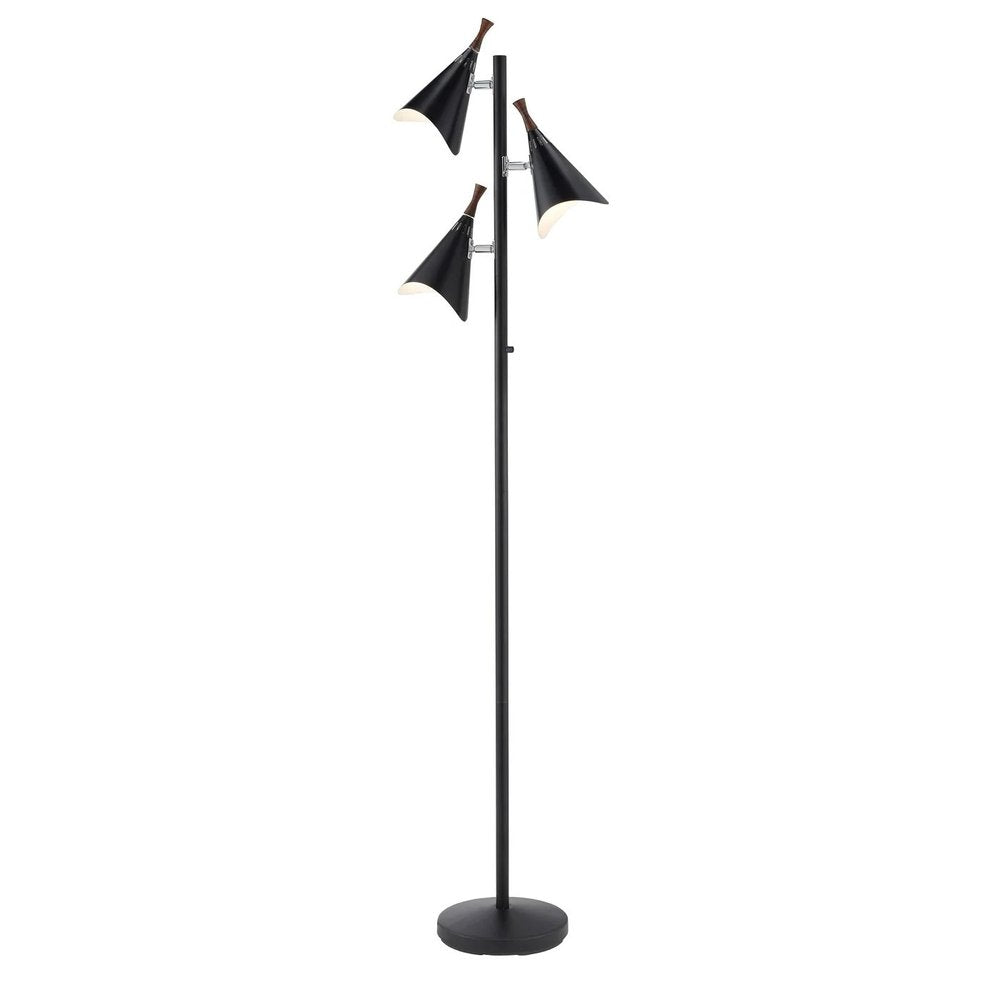 68" Black Three Light Tree Floor Lamp With Black Metal Cone Shade