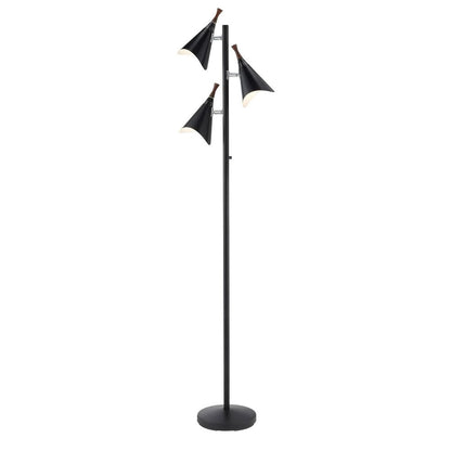 68" Black Three Light Tree Floor Lamp With Black Metal Cone Shade