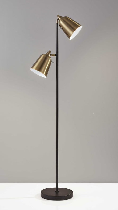 58" Black Two Light Task Floor Lamp With Antiqued Brass Metal Cone Shade