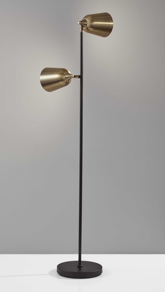 58" Black Two Light Task Floor Lamp With Antiqued Brass Metal Cone Shade