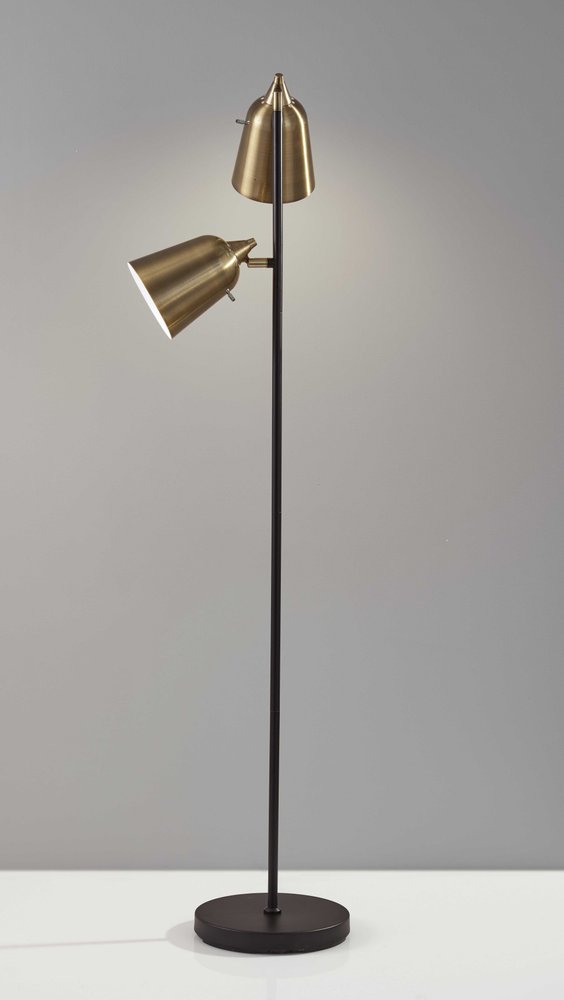 58" Black Two Light Task Floor Lamp With Antiqued Brass Metal Cone Shade