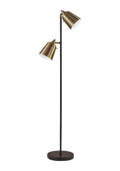 58" Black Two Light Task Floor Lamp With Antiqued Brass Metal Cone Shade