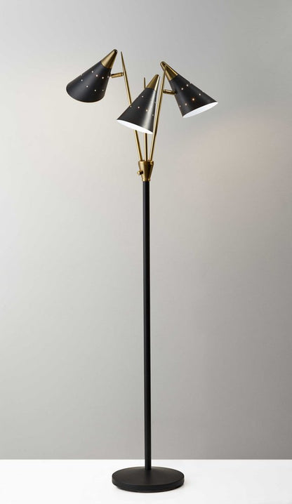 66" Black And Gold Metal Three Light Novelty Floor Lamp With Black Metal Cone Shade