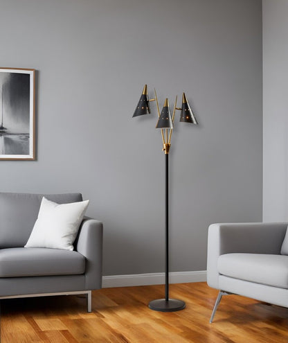 66" Black And Gold Metal Three Light Novelty Floor Lamp With Black Metal Cone Shade