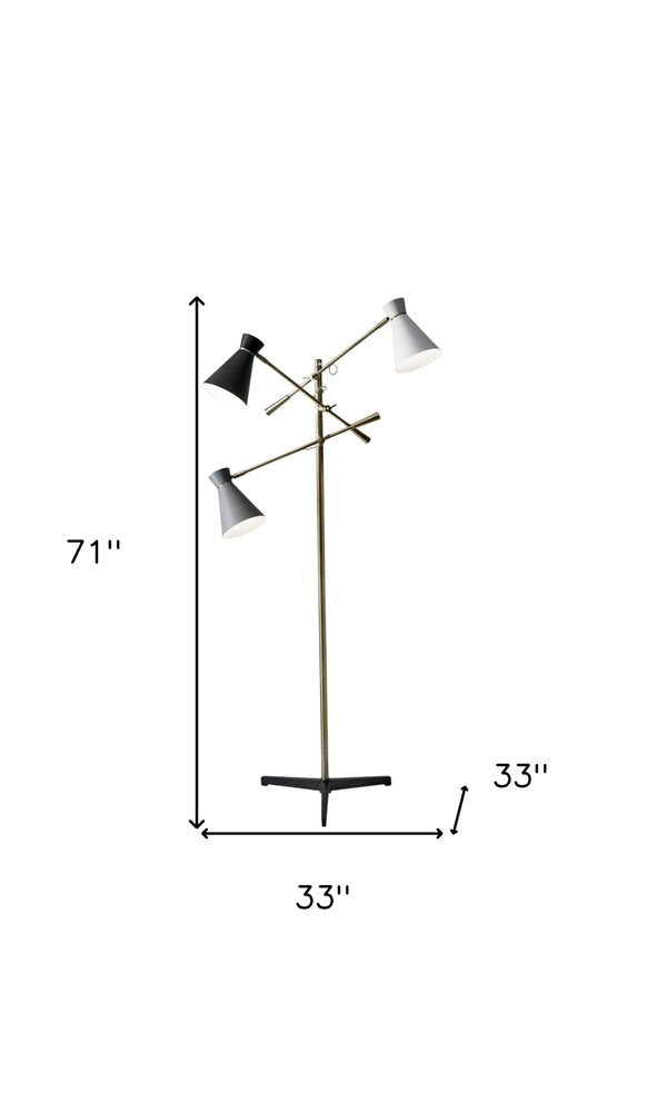 71" Brass Metal Novelty Floor Lamp With Black And White Iron Cone Shade