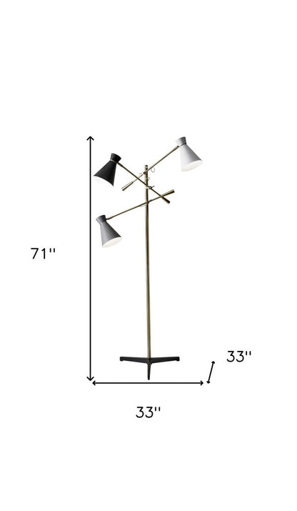 71" Brass Metal Novelty Floor Lamp With Black And White Iron Cone Shade
