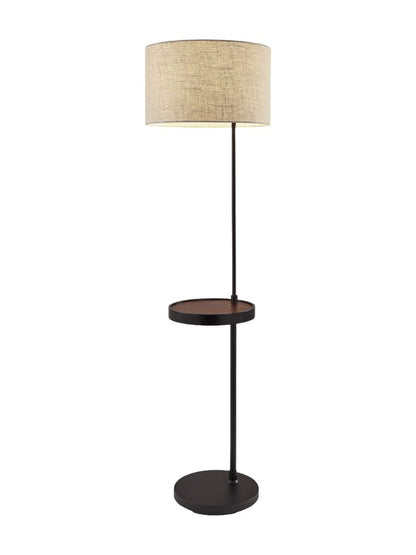 64" Beige And Black Tray Table Floor Lamp With Beige Fabric Drum Shade