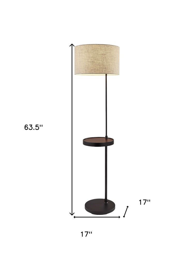 64" Beige And Black Tray Table Floor Lamp With Beige Fabric Drum Shade