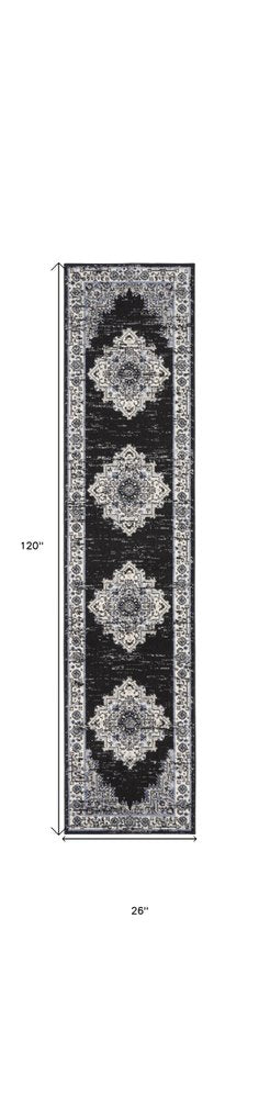 10' Black And Ivory Floral Distressed Runner Rug