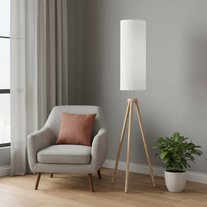 58" Natural Wood Look Tripod Floor Lamp With White Shade