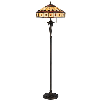 61" Bronze Two Light Traditional Shaped Floor Lamp With Purple and Ivory Abstract Tiffany Glass Empire Shade