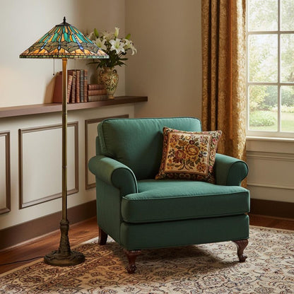 63" Brass Two Light Traditional Shaped Floor Lamp With Blue and Orange Dragonfly Tiffany Glass Empire Shade