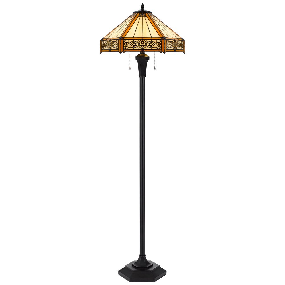 60" Bronze Two Light Traditional Shaped Floor Lamp With Orange and Ivory Abstract Tiffany Glass Empire Shade