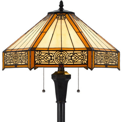 60" Bronze Two Light Traditional Shaped Floor Lamp With Orange and Ivory Abstract Tiffany Glass Empire Shade
