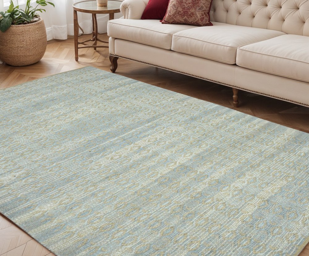 5' X 8' Light Blue And Tan Jute Geometric Flatweave Handmade Area Rug