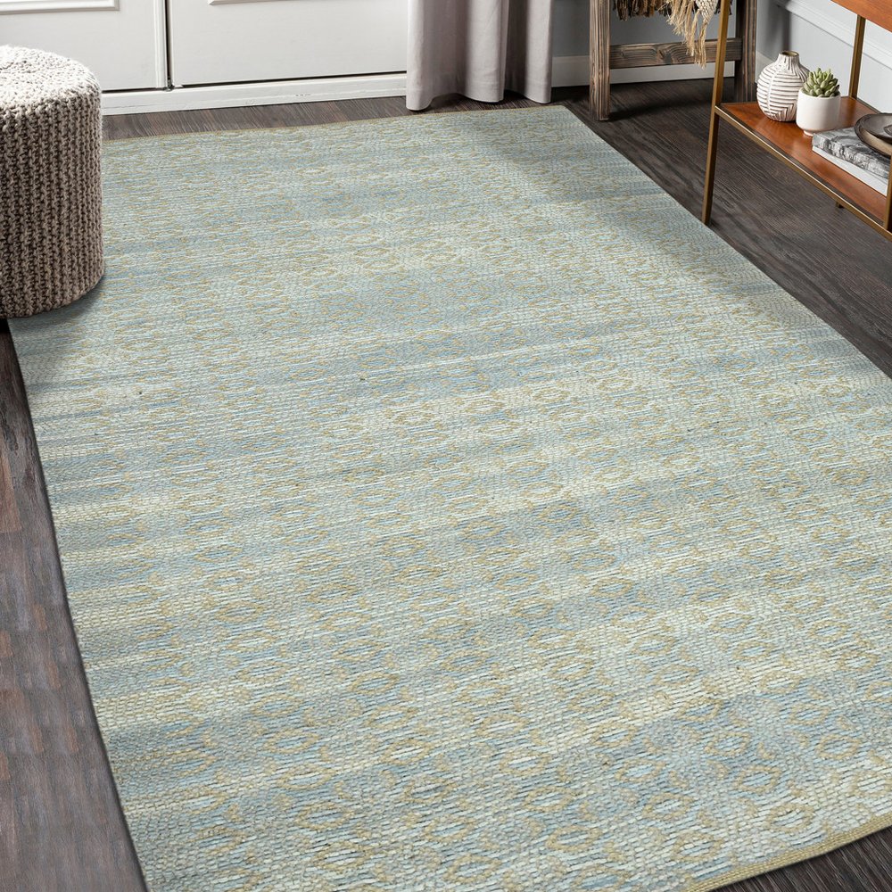 5' X 8' Light Blue And Tan Jute Geometric Flatweave Handmade Area Rug