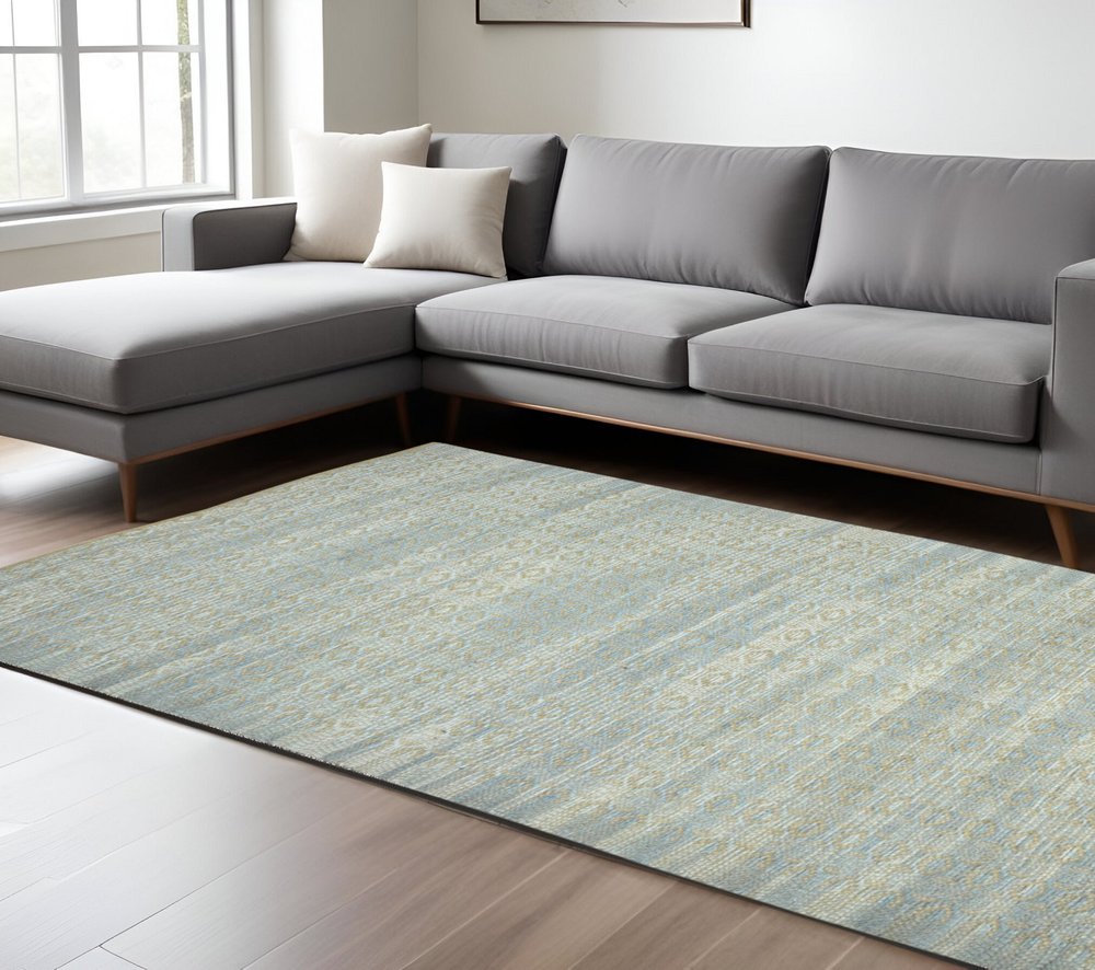 5' X 8' Light Blue And Tan Jute Geometric Flatweave Handmade Area Rug