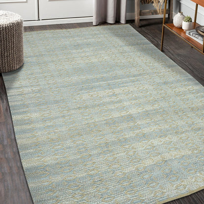 5' X 8' Light Blue And Tan Jute Geometric Flatweave Handmade Area Rug